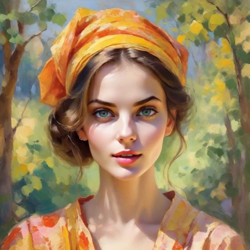 girl in cloth,young woman,girl portrait,romantic portrait,portrait of a girl,girl in the garden,oil painting,girl with cloth,vintage woman,woman portrait,girl with tree,girl in a wreath,girl wearing hat,vintage girl,vintage female portrait,mystical portrait of a girl,beautiful bonnet,young lady,fantasy portrait,woman's hat,Digital Art,Impressionism