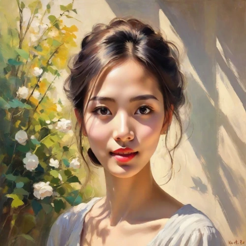 vietnamese woman,asian woman,romantic portrait,girl portrait,han thom,japanese woman,janome chow,oil painting,portrait of a girl,jasmine blossom,phuquy,young woman,woman portrait,mystical portrait of a girl,chinese art,tan chen chen,fantasy portrait,oriental girl,oil painting on canvas,viet nam,Digital Art,Impressionism