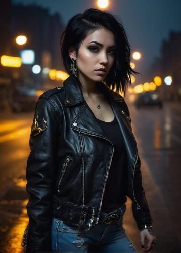 leather jacket,leather,portrait photography,portrait photographers,portrait background,femme fatale,black leather,photo session at night,renegade,leather texture,bolero jacket,biker,myna,woman holding gun,female model,jacket,sofia,night photography,photographic background,city ​​portrait,Illustration,Japanese style,Japanese Style 13