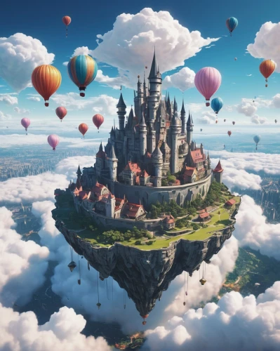 hot-air-balloon-valley-sky,3d fantasy,hot air balloons,balloon trip,ballooning,fantasy world,hot air balloon,hot air balloon ride,fairy tale castle,hot air balloon rides,hot air ballooning,dream world,fantasy city,balloons flying,wonderland,fantasy landscape,fantasy picture,fairytale castle,fairy world,balloon hot air,Conceptual Art,Sci-Fi,Sci-Fi 11