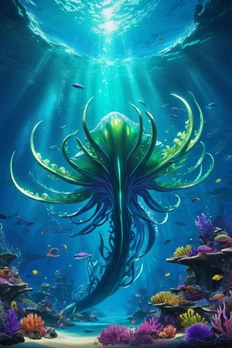 under sea,undersea,mermaid background,underwater background,deep sea nautilus,merfolk,god of the sea,under the sea,deep sea,nautilus,sea anemone,sea-life,cuthulu,underwater landscape,anemone of the seas,the bottom of the sea,ocean floor,cnidaria,green mermaid scale,underwater world,Illustration,Realistic Fantasy,Realistic Fantasy 20