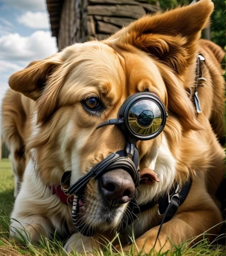 herd protection dog,eye protection,magnify glass,magnifying lens,aviator,inspector,dog-photography,magnifier glass,dog photography,golden retriver,golden retriever,magnifying glass,german spaniel,working dog,dog whistle,mouth-nose protection,vigilant dog,retriever,french spaniel,animal photography