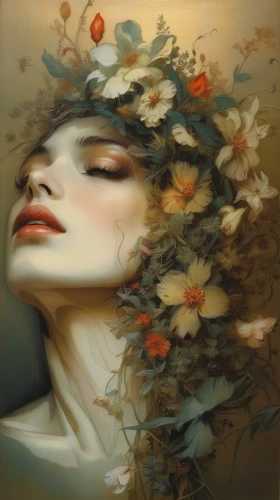orange blossom,girl in a wreath,fallen petals,faery,girl in flowers,scent of roses,the sleeping rose,mystical portrait of a girl,fantasy portrait,falling flowers,linden blossom,flora,wilted,faerie,dryad,kahila garland-lily,flower nectar,rose sleeping apple,blossoming apple tree,dry bloom,Illustration,Realistic Fantasy,Realistic Fantasy 16