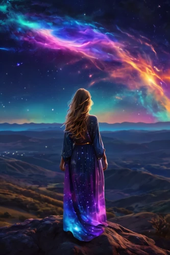 astral traveler,rainbow and stars,fantasy picture,rainbow background,aurora,nebula guardian,divine healing energy,the universe,universe,magical,space art,unicorn background,aurora butterfly,fairy galaxy,celestial,fantasy art,la violetta,mystical portrait of a girl,fantasia,nebula,Illustration,Realistic Fantasy,Realistic Fantasy 20