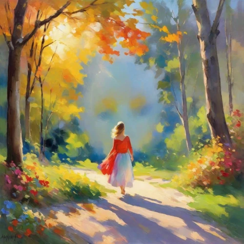girl walking away,woman walking,girl with tree,oil painting on canvas,autumn landscape,oil painting,autumn walk,little girls walking,pathway,art painting,autumn idyll,forest path,autumn light,landscape background,girl picking flowers,one autumn afternoon,girl and boy outdoor,in the autumn,walk in a park,walk,Digital Art,Impressionism
