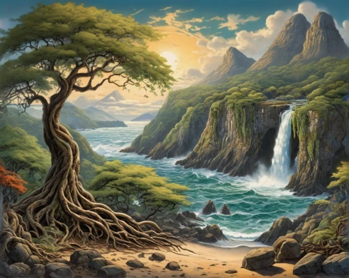 fantasy landscape,landscape background,an island far away landscape,coastal landscape,robert duncanson,mountain landscape,mountainous landscape,mountain scene,cartoon video game background,nature landscape,natural landscape,fantasy picture,world digital painting,forest landscape,river landscape,fantasy art,natural scenery,the natural scenery,background view nature,landscapes,Illustration,Realistic Fantasy,Realistic Fantasy 21