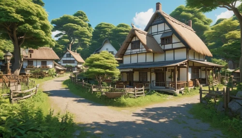 studio ghibli,escher village,knight village,tavern,summer cottage,wooden houses,alpine village,house in the forest,wooden house,little house,traditional house,aurora village,small house,witch's house,half-timbered house,cottage,mountain settlement,medieval town,ancient house,fisherman's house,Photography,General,Realistic