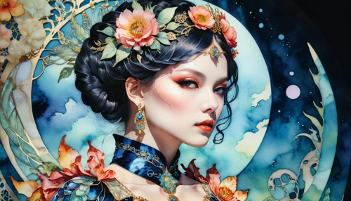 chinese art,oriental painting,oriental princess,geisha girl,japanese art,oriental girl,oriental,geisha,amano,peking opera,fantasy portrait,taiwanese opera,fantasy art,japanese floral background,chinese style,faery,faerie,fairy queen,chinese screen,floral japanese