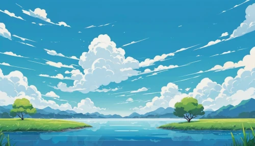 landscape background,background vector,cartoon video game background,salt meadow landscape,backgrounds,background images,clouds - sky,high landscape,sky,skyland,blue sky clouds,meadow landscape,studio ghibli,lake,art background,waterscape,an island far away landscape,digital background,background screen,summer sky,Illustration,Japanese style,Japanese Style 06