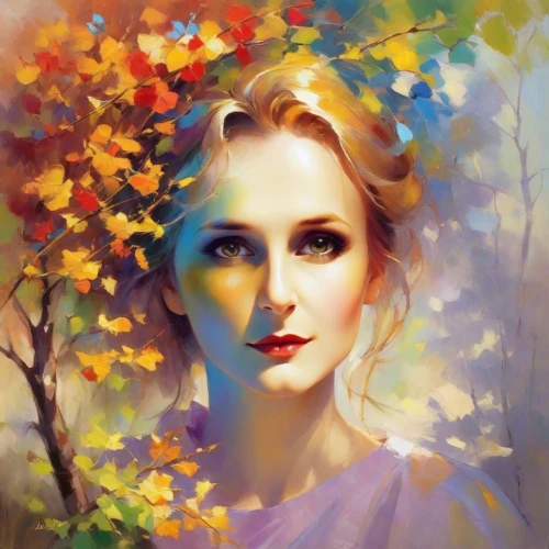 autumn icon,romantic portrait,mystical portrait of a girl,fantasy portrait,girl with tree,girl in flowers,woman portrait,girl in a wreath,autumn background,blonde woman,art painting,young woman,photo painting,portrait background,world digital painting,girl portrait,oil painting,autumn leaves,light of autumn,artistic portrait,Digital Art,Impressionism