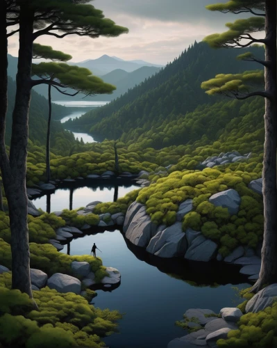 japan landscape,coniferous forest,forest landscape,pine trees,pine forest,spruce-fir forest,world digital painting,temperate coniferous forest,spruce forest,landscape background,japanese mountains,fir forest,forests,mountain landscape,river landscape,cartoon forest,digital painting,nature landscape,mountainous landscape,natural landscape,Illustration,Abstract Fantasy,Abstract Fantasy 19