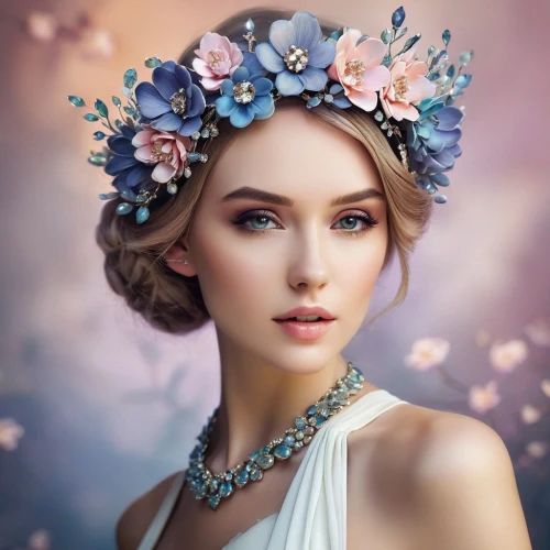 spring crown,fairy queen,faery,flower fairy,beautiful girl with flowers,faerie,fantasy portrait,blooming wreath,floral wreath,romantic portrait,mystical portrait of a girl,flower crown,elven flower,wreath of flowers,diadem,girl in a wreath,bridal jewelry,forget-me-not,bridal accessory,girl in flowers,Illustration,Realistic Fantasy,Realistic Fantasy 15