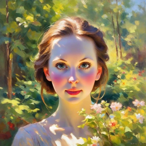 girl in the garden,romantic portrait,girl in flowers,fantasy portrait,woman portrait,girl portrait,portrait of a girl,artist portrait,young woman,mystical portrait of a girl,face portrait,girl with tree,audrey,magnolia,digital painting,oil painting,portrait,self-portrait,flora,girl in a wreath,Digital Art,Impressionism