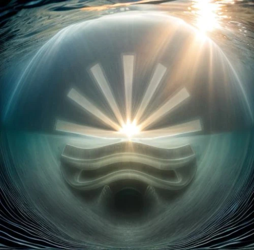 submersible,semi-submersible,storm drain,sun eye,the pillar of light,under the water,life saving swimming tube,sunken boat,the bottom of the sea,sunstar,sunburst background,submerge,ripples,sun reflection,god of the sea,lens reflection,on the water surface,stargate,turbine,the vessel,Realistic,Landscapes,Aquatic Dreams