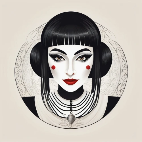 art deco woman,geisha girl,geisha,pierrot,queen of hearts,vampire lady,cleopatra,vampire woman,vampira,fashion illustration,zodiac sign gemini,zodiac sign libra,art deco,dita,horoscope libra,goth woman,the zodiac sign pisces,gothic portrait,gemini,marionette,Unique,Design,Logo Design