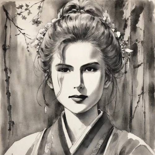 geisha,geisha girl,japanese woman,kimono,japanese art,mukimono,charcoal drawing,koto,woman portrait,oriental princess,ink painting,chinese art,ayu,oriental girl,oriental painting,samurai,portrait of a woman,portrait of a girl,japanese,hanbok,Digital Art,Ink Drawing