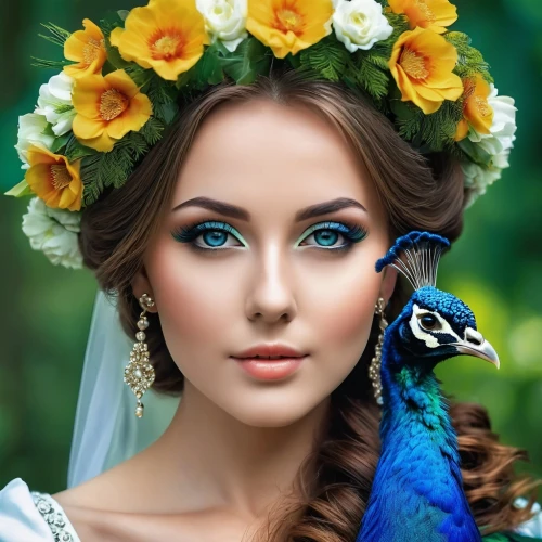 beautiful macaw,feather headdress,fairy peacock,blue peacock,beautiful parakeet,blue and gold macaw,exotic bird,beautiful girl with flowers,peacock,ukrainian,blue parrot,headdress,macaw hyacinth,peacock eye,blue birds and blossom,blue and yellow macaw,beautiful bonnet,romantic portrait,blue macaw,bluejay,Photography,General,Realistic