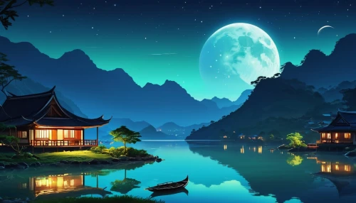 landscape background,mid-autumn festival,moonlit night,fantasy landscape,night scene,chinese background,moon and star background,cartoon video game background,japan's three great night views,fantasy picture,beautiful landscape,chinese art,world digital painting,tranquility,home landscape,oriental,moonlit,evening lake,full hd wallpaper,river landscape,Photography,General,Realistic