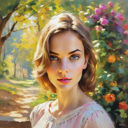 romantic portrait,girl in the garden,girl in flowers,girl portrait,oil painting,mystical portrait of a girl,portrait of a girl,woman portrait,fantasy portrait,young woman,oil painting on canvas,magnolia,girl with tree,artist portrait,beautiful girl with flowers,magnolia blossom,face portrait,portrait,daphne flower,girl in a wreath,Digital Art,Impressionism