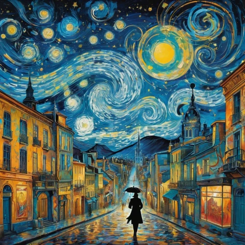 starry night,vincent van gogh,vincent van gough,man with umbrella,night scene,the night sky,italian painter,world digital painting,art painting,oil painting on canvas,astronomer,creative background,astronomical,pilgrim,violinist violinist of the moon,art background,blue rain,night sky,starry sky,space art,Conceptual Art,Graffiti Art,Graffiti Art 07