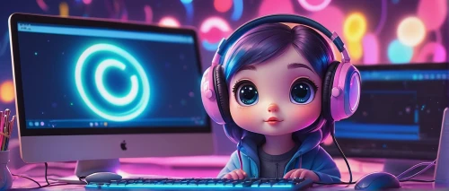 girl at the computer,cute cartoon image,anime 3d,3d background,coder,cinema 4d,girl studying,music background,cute cartoon character,disk jockey,3d render,children's background,listening to music,3d rendered,blur office background,computer graphics,dj,computer,edit icon,purple wallpaper,Conceptual Art,Sci-Fi,Sci-Fi 22