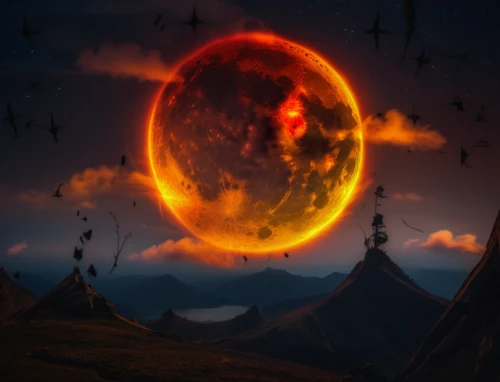 blood moon eclipse,blood moon,solar eclipse,solar eruption,molten,fire planet,burning earth,red sun,eclipse,total eclipse,lunar eclipse,total lunar eclipse,moon and star background,sun,sun moon,orb,scorched earth,sol,planet alien sky,3-fold sun,Photography,General,Fantasy