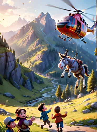 over the alps,mountain rescue,rescue helicopter,helicopters,elves flight,hot-air-balloon-valley-sky,fire-fighting helicopter,kids illustration,children's background,air rescue,playmobil,helicopter,patrol suisse,fire fighting helicopter,gondola lift,cable cars,bell 206,gyroplane,high alps,game illustration,Anime,Anime,Cartoon