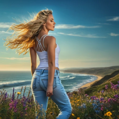 girl on the dune,jeans background,girl in flowers,surfer hair,portrait photography,little girl in wind,landscape background,boho background,beach background,springtime background,sea breeze,summer background,image manipulation,girl in a long,photoshop manipulation,beautiful girl with flowers,portrait photographers,beauty in nature,spring background,creative background,Photography,General,Fantasy