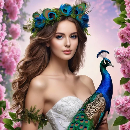 fairy peacock,peacock,flower and bird illustration,faery,spring background,fantasy picture,fantasy art,blue birds and blossom,springtime background,spring crown,peafowl,faerie,spring leaf background,fantasy portrait,exotic bird,beautiful girl with flowers,floral and bird frame,spring bird,fairy queen,blue peacock,Photography,General,Realistic