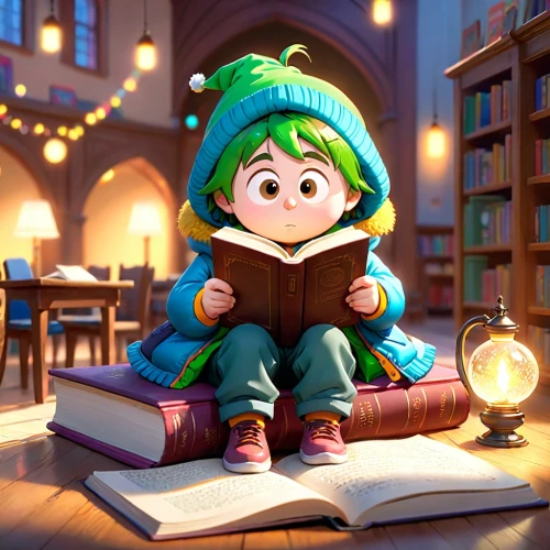 child with a book,reading owl,little girl reading,elf,girl studying,baby elf,scholar,cute cartoon image,scandia gnome,cute cartoon character,gnome,bookworm,magic book,kids illustration,christmas gnome,christmas elf,green aurora,fairy tale character,agnes,read a book,Anime,Anime,Cartoon