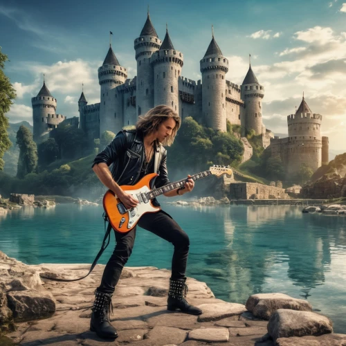 music fantasy,fantasy picture,guitar player,fairytale castle,castles,guitarist,fairy tale castle,digital compositing,3d fantasy,guitar solo,bard,guitar,playing the guitar,castleguard,electric guitar,water castle,lead guitarist,magical adventure,bass guitar,musical background,Photography,General,Realistic