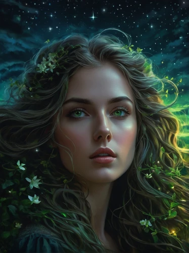fantasy portrait,dryad,mystical portrait of a girl,faerie,green aurora,the enchantress,faery,green mermaid scale,fantasy art,fantasy picture,fae,anahata,girl with tree,world digital painting,aurora,elven,rusalka,sci fiction illustration,natura,the night of kupala,Photography,General,Fantasy