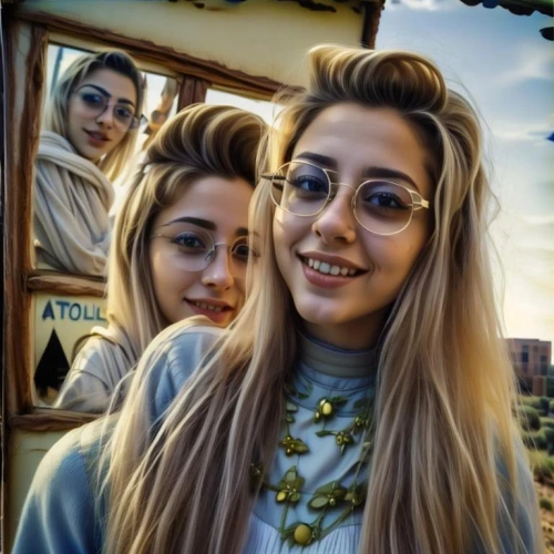 ski glasses,silver framed glasses,mirror reflection,mirror image,two glasses,olallieberry,photoshop creativity,two girls,gaudí,edit,the girl's face,optical illusion,portrait background,lens reflection,on a transparent background,dali,in photoshop,photo painting,beautiful photo girls,gold frame