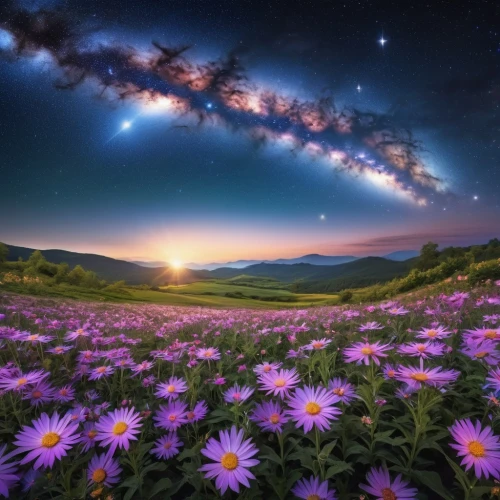 cosmos field,cosmic flower,magic star flower,colorful star scatters,astronomy,colorful stars,the milky way,flowers celestial,milky way,cosmos,fairy galaxy,splendor of flowers,milkyway,starflower,field of flowers,galaxy collision,star flower,blanket of flowers,purple landscape,cosmos flowers