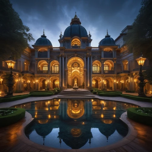 persian architecture,asian architecture,jaipur,water palace,fairy tale castle,fairytale castle,marble palace,iranian architecture,rajasthan,gold castle,india,build by mirza golam pir,bada bagh,mansion,water castle,victorian,stone palace,palace,karnataka,tajmahal,Illustration,Realistic Fantasy,Realistic Fantasy 07