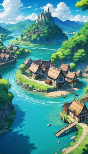 fishing village,mountain village,landscape background,river landscape,japan landscape,lake tanuki,tsukemono,mountain settlement,resort town,meteora,studio ghibli,ancient city,aurora village,villages,spa town,japanese background,floating islands,alpine village,fantasy landscape,yamada's rice fields,Illustration,Japanese style,Japanese Style 03