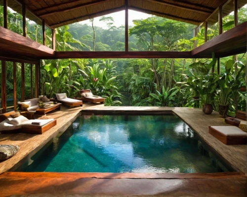 ubud,tropical house,infinity swimming pool,pool house,tropical jungle,outdoor pool,luxury bathroom,eco hotel,bali,zen garden,swimming pool,tropical greens,day spa,holiday villa,cabana,vietnam,dug-out pool,costa rica,southeast asia,beautiful home,Illustration,Realistic Fantasy,Realistic Fantasy 03