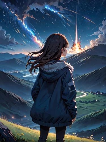 falling stars,falling star,space art,starry sky,little girl in wind,meteor,night sky,the night sky,cg artwork,sci fiction illustration,astronomer,sky,landscape background,would a background,star sky,background image,star winds,music background,stargazing,shooting star,Anime,Anime,General