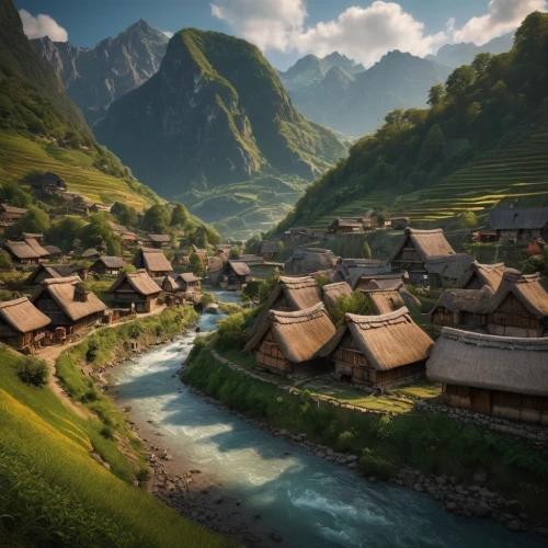 mountain village,alpine village,mountain settlement,guizhou,korean folk village,mountain huts,alpine pastures,ha giang,rice terrace,japanese alps,yunnan,villages,sapa,the valley of the,guilin,traditional village,the valley of flowers,korean village snow,the alps,rice fields,Photography,General,Fantasy