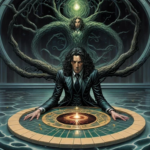 metatron's cube,equilibrium,divination,anahata,magic grimoire,magician,sci fiction illustration,shamanism,earth chakra,occult,shamanic,mysticism,theoretician physician,esoteric,magus,tarot,the collector,gorgon,matrix,mirror of souls