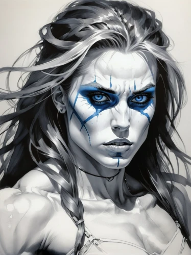 white walker,female warrior,mystique,warrior woman,face paint,bluejay,ronda,digital painting,angry,blue painting,hawks,lioness,blue enchantress,huntress,scar,world digital painting,celtic queen,warrior,hedwig,bodypaint,Conceptual Art,Fantasy,Fantasy 06