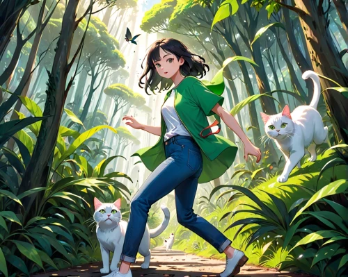 girl with dog,studio ghibli,mowgli,walking dogs,dog walker,dog walking,forest walk,animal kingdom,game illustration,dog hiking,ritriver and the cat,forest animals,sci fiction illustration,stroll,pet,in the forest,dog illustration,zookeeper,jungle,pets,Anime,Anime,General