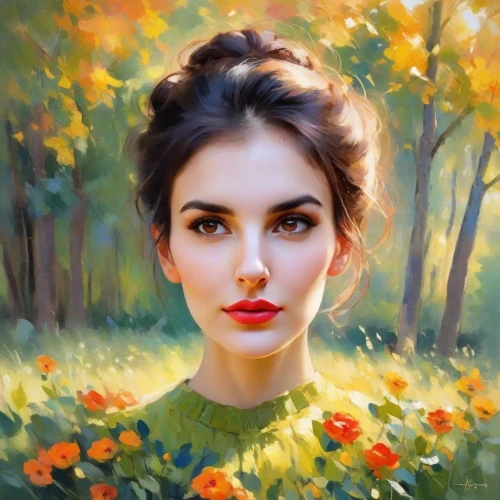 girl in flowers,beautiful girl with flowers,romantic portrait,fantasy portrait,mystical portrait of a girl,flower painting,girl portrait,autumn icon,girl in the garden,world digital painting,young woman,oil painting,cosmos autumn,woman portrait,portrait of a girl,splendor of flowers,oil painting on canvas,woman face,art painting,girl with tree,Digital Art,Impressionism