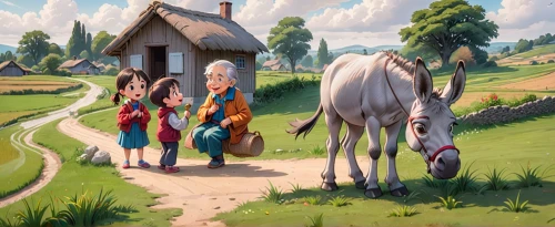 pony farm,pilgrims,knight village,village scene,village life,travelers,horsetail family,farm pack,horses,children's fairy tale,goatherd,horse herder,horse herd,equines,weehl horse,stroll,horse stable,two-horses,man and horses,farm background,Anime,Anime,General