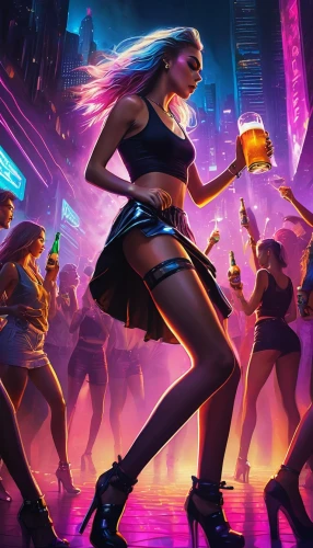 cyberpunk,clubbing,dance club,nightclub,go-go dancing,concert dance,cg artwork,neon cocktails,neon drinks,barmaid,unique bar,sci fiction illustration,cosmopolitan,disco,nightlife,female alcoholism,neo-burlesque,bartender,musical background,neon light drinks,Illustration,Abstract Fantasy,Abstract Fantasy 18