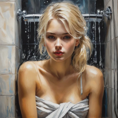 oil painting,the girl in the bathtub,oil painting on canvas,girl in the kitchen,blonde woman,cinderella,girl portrait,girl with cloth,blond girl,oil on canvas,portrait of a girl,young woman,oil paint,blonde girl,digital painting,girl in cloth,art painting,fantasy portrait,laundress,bath oil,Conceptual Art,Fantasy,Fantasy 12