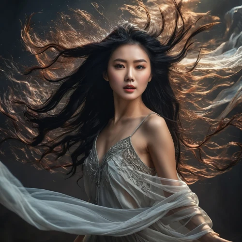 mystical portrait of a girl,fantasy portrait,world digital painting,asian woman,janome chow,celtic woman,mulan,ethereal,vietnamese woman,dragon li,wind wave,digital painting,xuan lian,chinese art,romantic portrait,oriental longhair,inner mongolian beauty,wind machine,portrait background,siren,Photography,General,Fantasy