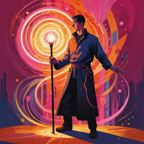 sci fiction illustration,star-lord peter jason quill,monk,magician,fire artist,wizard,mystery book cover,scythe,the wizard,conductor,magus,quarterstaff,lamplighter,mage,the wanderer,fire master,twelve apostle,game illustration,theoretician physician,swordsman,Illustration,Vector,Vector 08