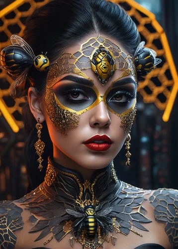 steampunk,venetian mask,gold mask,masquerade,golden mask,cleopatra,fantasy portrait,fantasy art,black and gold,ancient egyptian girl,gold filigree,steampunk gears,golden eyes,gold jewelry,geisha,ornate,warrior woman,face paint,the carnival of venice,gold crown,Conceptual Art,Fantasy,Fantasy 16