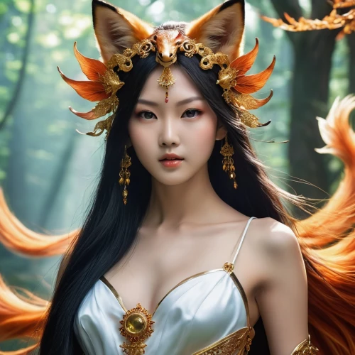 kitsune,fantasy portrait,fantasy art,oriental princess,fantasy picture,tiger lily,asian costume,fantasy woman,oriental longhair,fox,priestess,sorceress,faerie,oriental girl,the enchantress,asian woman,inner mongolian beauty,nine-tailed,chinese art,athena